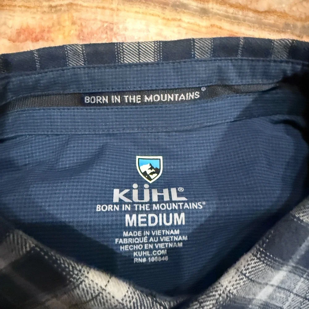 Kuhl Mens Dillingr Flannel Button-Up Shirt Navy‎ Blue Plaid Long Sleeve Medium